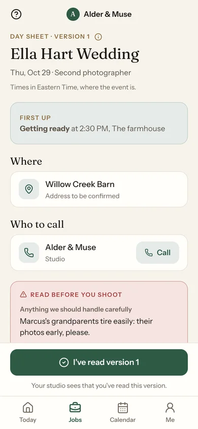 Jordan's day sheet on their phone: first up, where to be, who to call, and what to handle carefully.